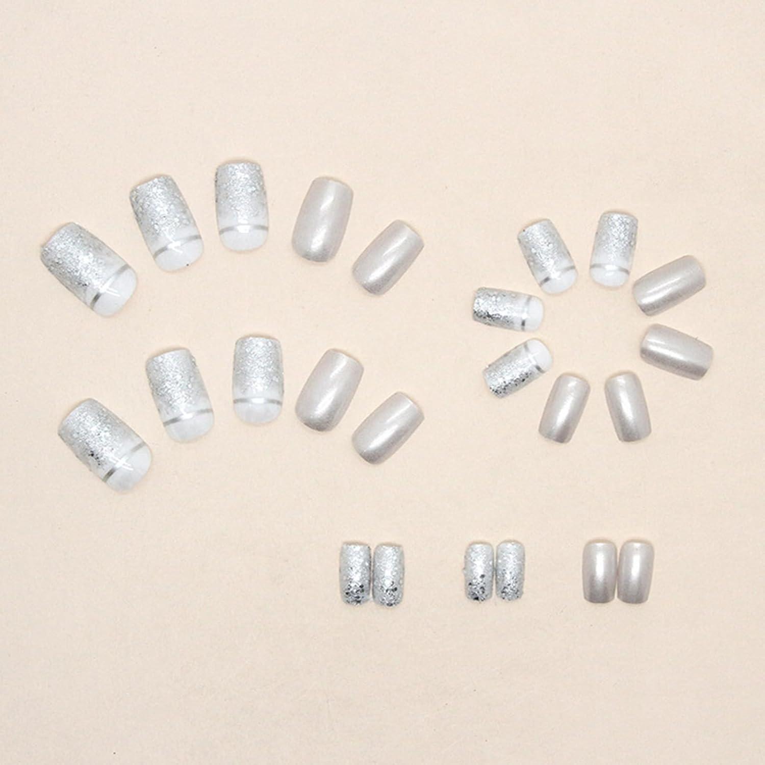 24 Stück Nägel zum Aufkleben Silber Glänzend French Press on Nails