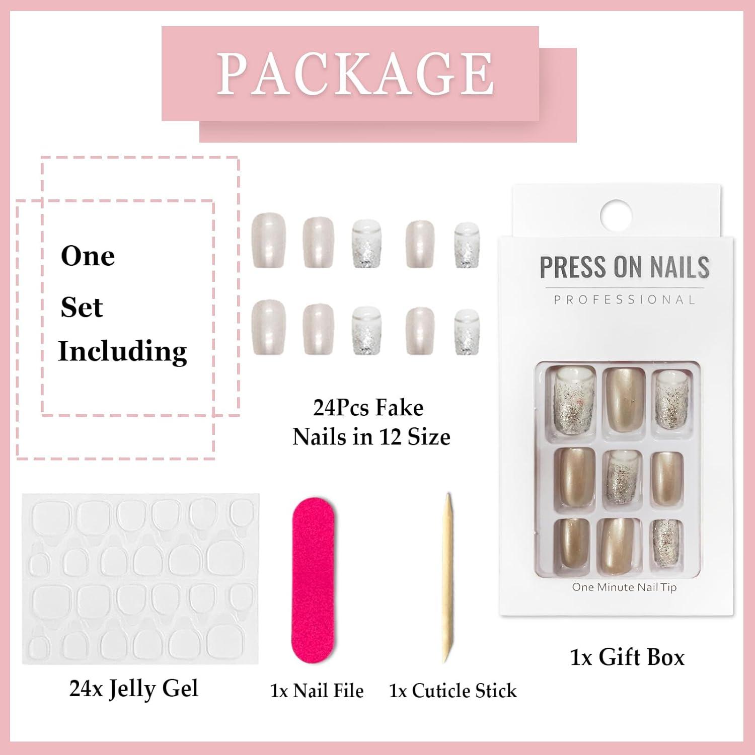24 Stück Silber Glänzende Künstliche Nägel Ballerina Set