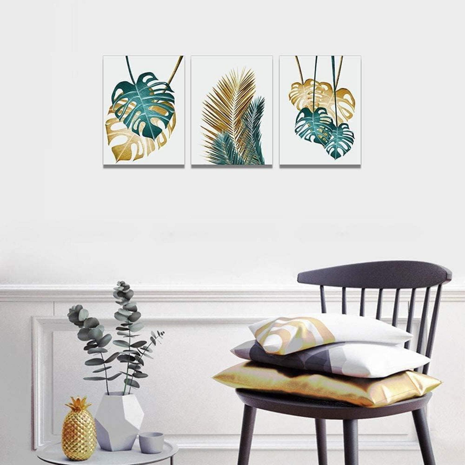 Pflanzen Bilder Wandbilder 3er Set Goldene Grüne Monstera 30x40cm