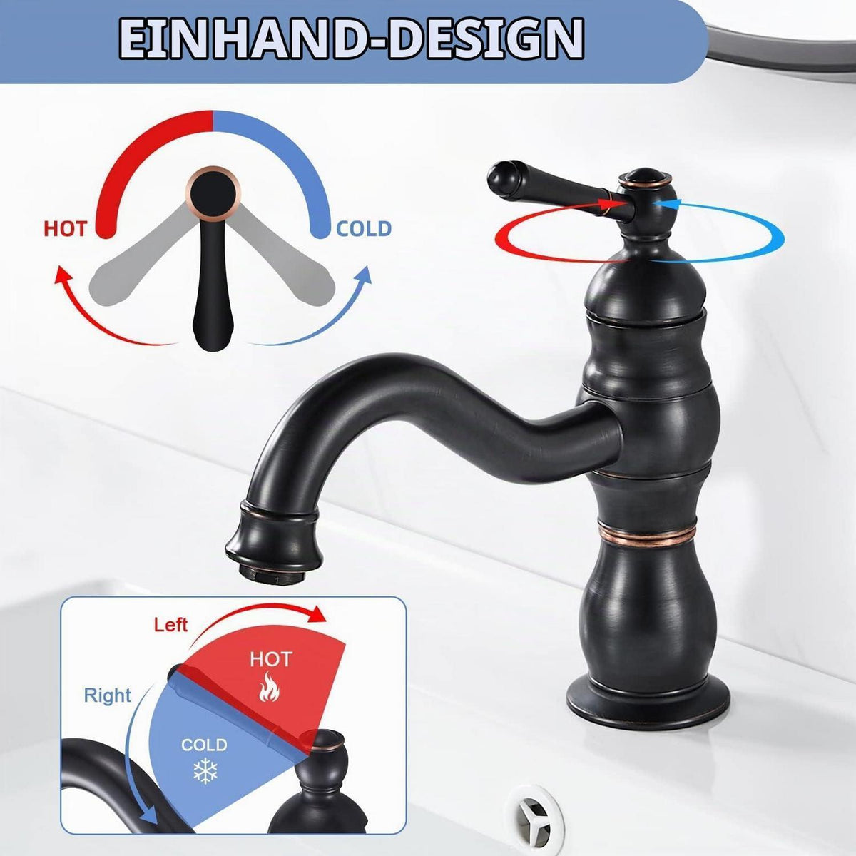 Retro Waschtischarmatur Schwarz Matt 360° Drehbar