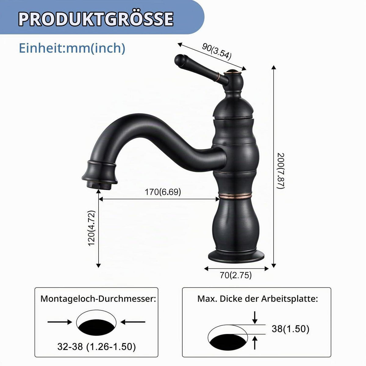 Retro Waschtischarmatur Schwarz Matt 360° Drehbar
