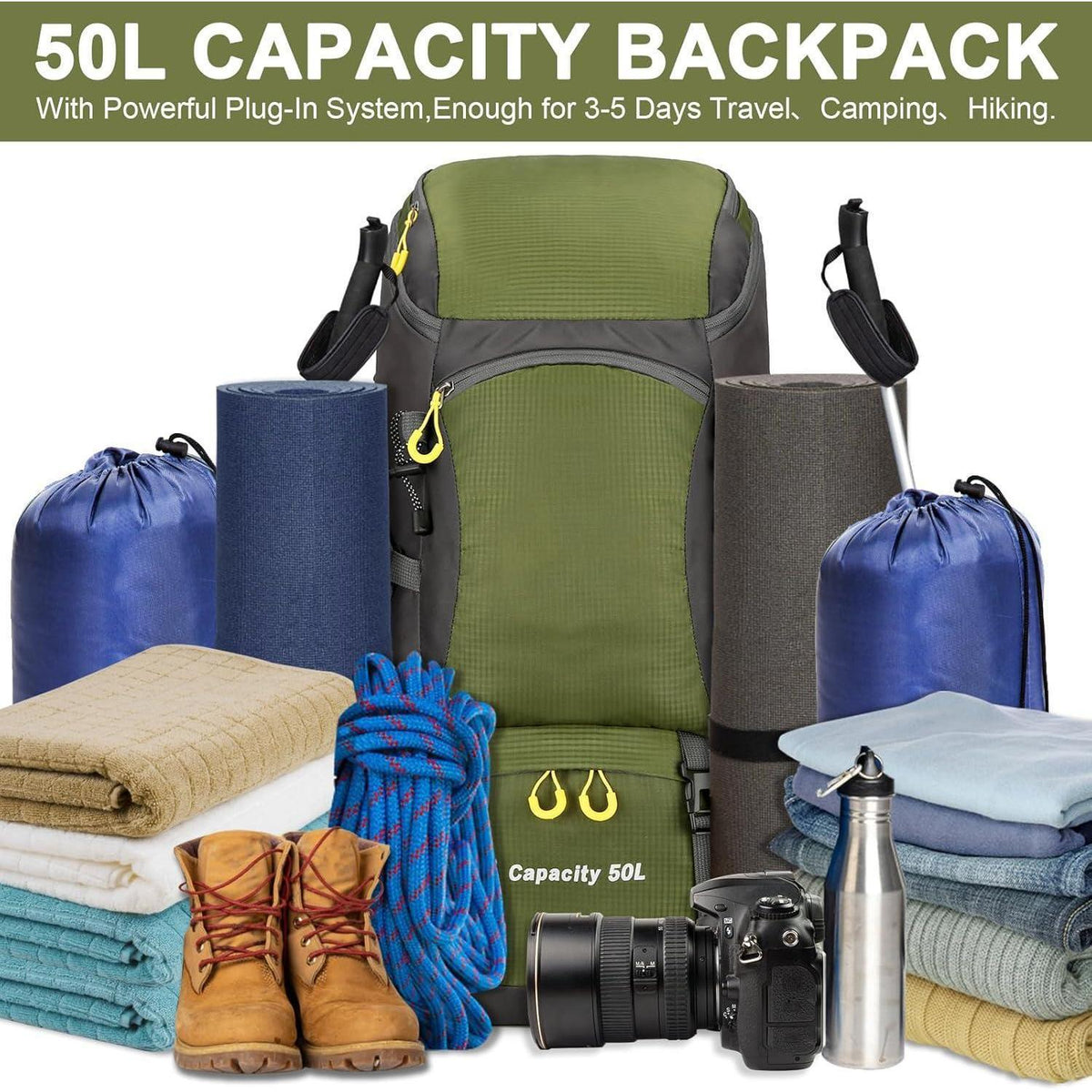 50L Wanderrucksack mit Regenhülle, Trekking- und Campingrucksack, Braun