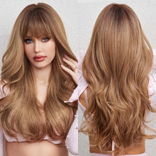 Ombre Blond Braun Lockenperücke mit Pony – Lang & Hitzebeständig