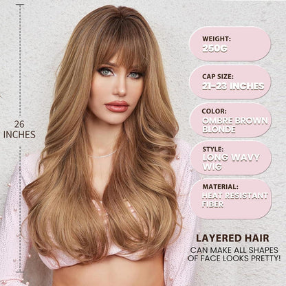 Ombre Blond Braun Lockenperücke mit Pony – Lang & Hitzebeständig