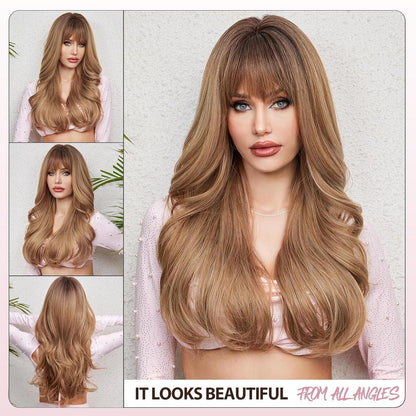 Ombre Blond Braun Lockenperücke mit Pony – Lang & Hitzebeständig