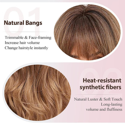 Ombre Blond Braun Lockenperücke mit Pony – Lang & Hitzebeständig