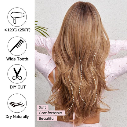 Ombre Blond Braun Lockenperücke mit Pony – Lang & Hitzebeständig