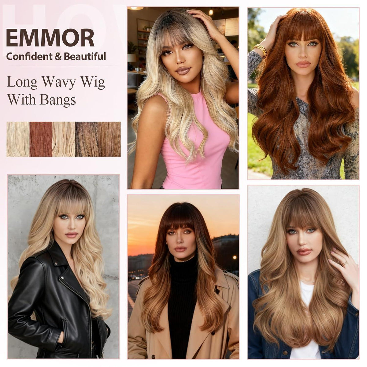 Ombre Blond Braun Lockenperücke mit Pony – Lang & Hitzebeständig