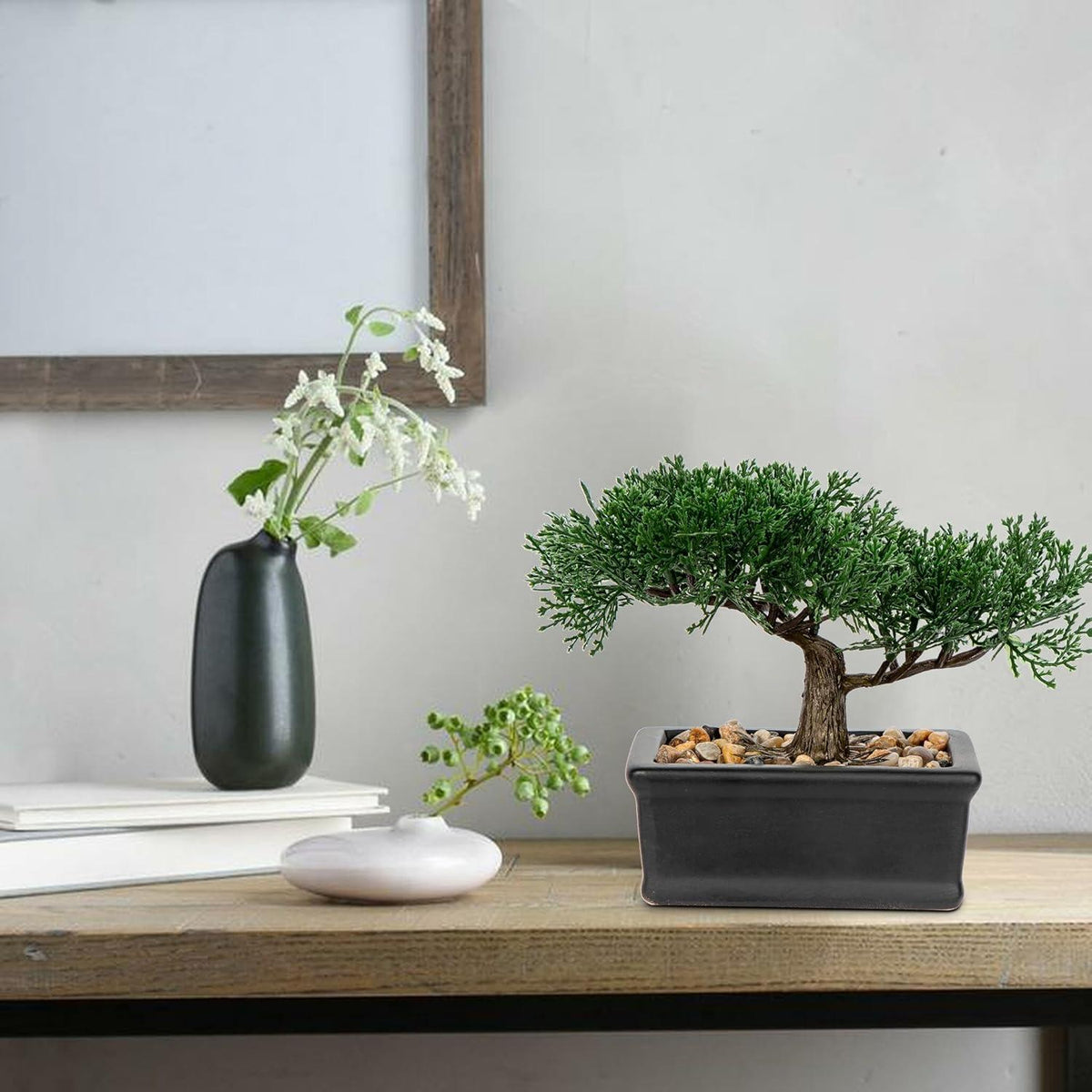 Kunstbonsai Zeder Kunstpflanze Schwarz Keramik-Übertopf