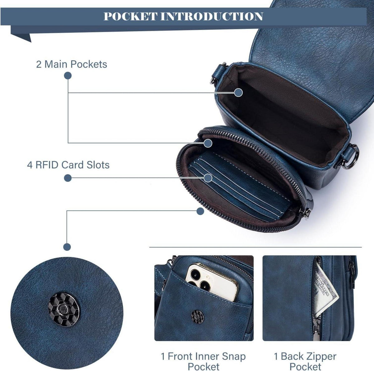 Damen Handytasche RFID Umhängetasche Leder Schwarz