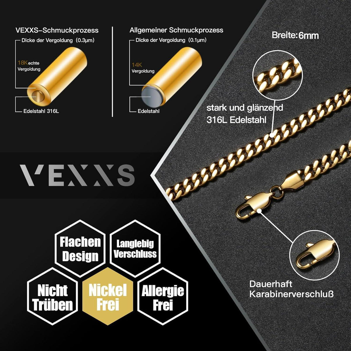 Panzerkette Herren 18 Karat Vergoldet Edelstahl 4-6mm