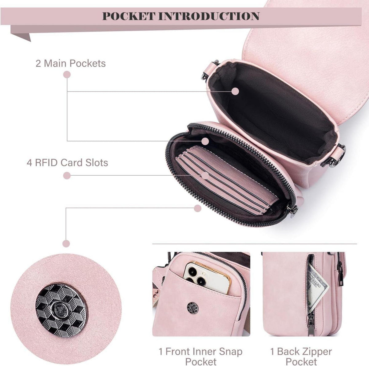 Handytasche Umhängetasche RFID Damen Leder Gurt abnehmbar Z-pink