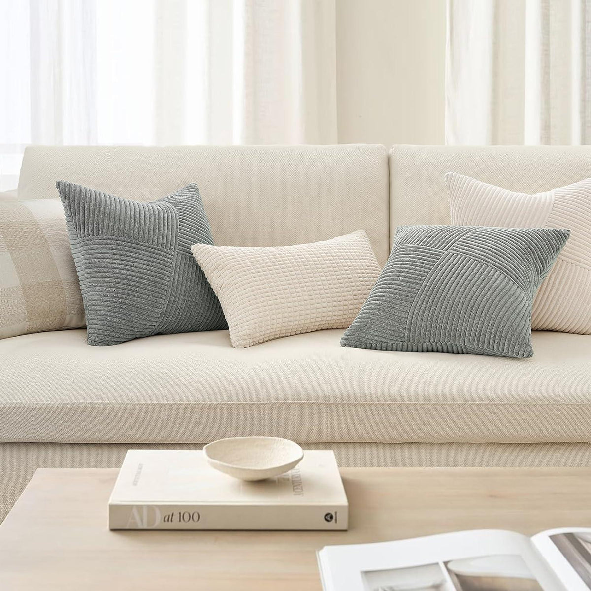 Kissenbezug 40x40 Grau Kordsamt Windmühle Patchwork Zierkissen Sofa