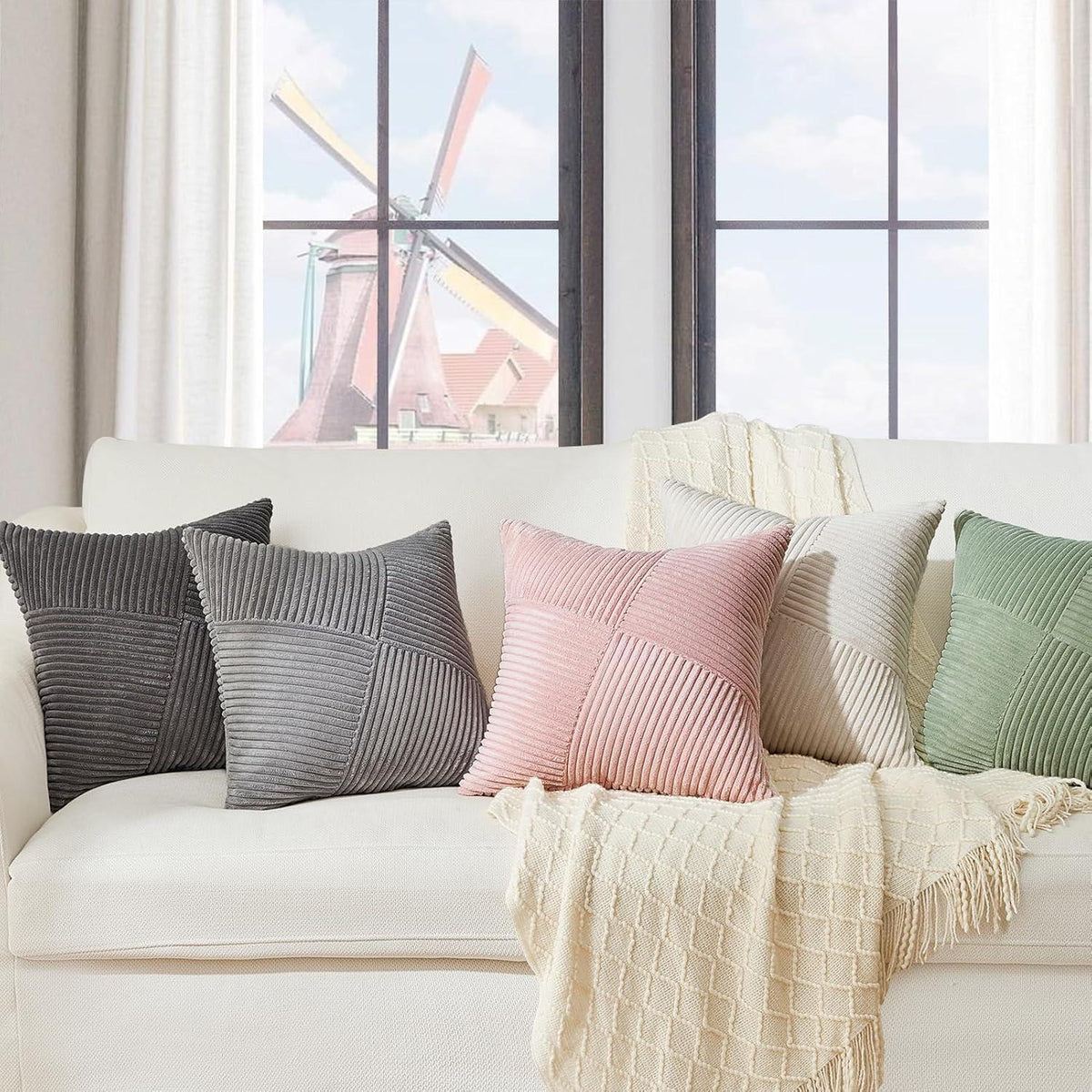 Kissenbezug 50x50 Grau Kordsamt 2er Set Windmühle Streifen Muster Sofa