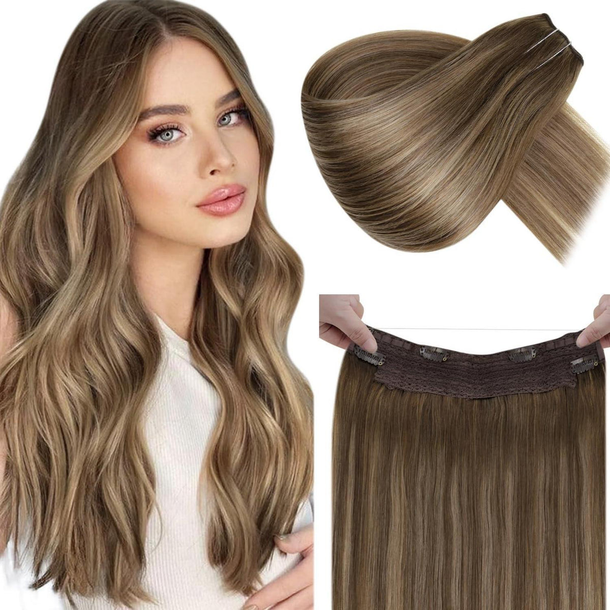 Echthaar Verlängerung Braun Ombre mit Draht – 45cm
