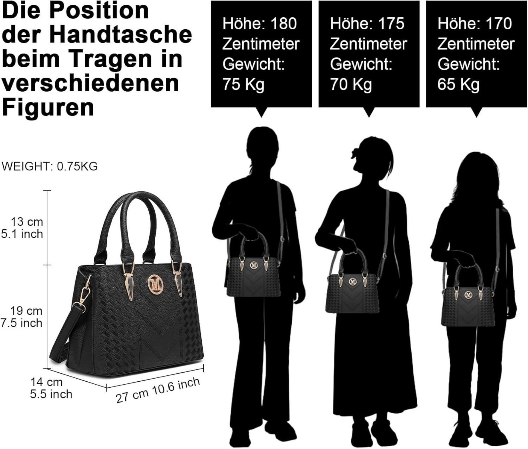 Miss Lulu Damen Handtasche Mittelgroß Umhängetasche PU Leder Schwarz