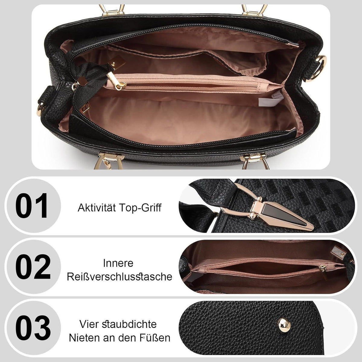 Damen Handtasche mittelgroß mit Lychee Muster und mehreren Innentaschen Schwarz
