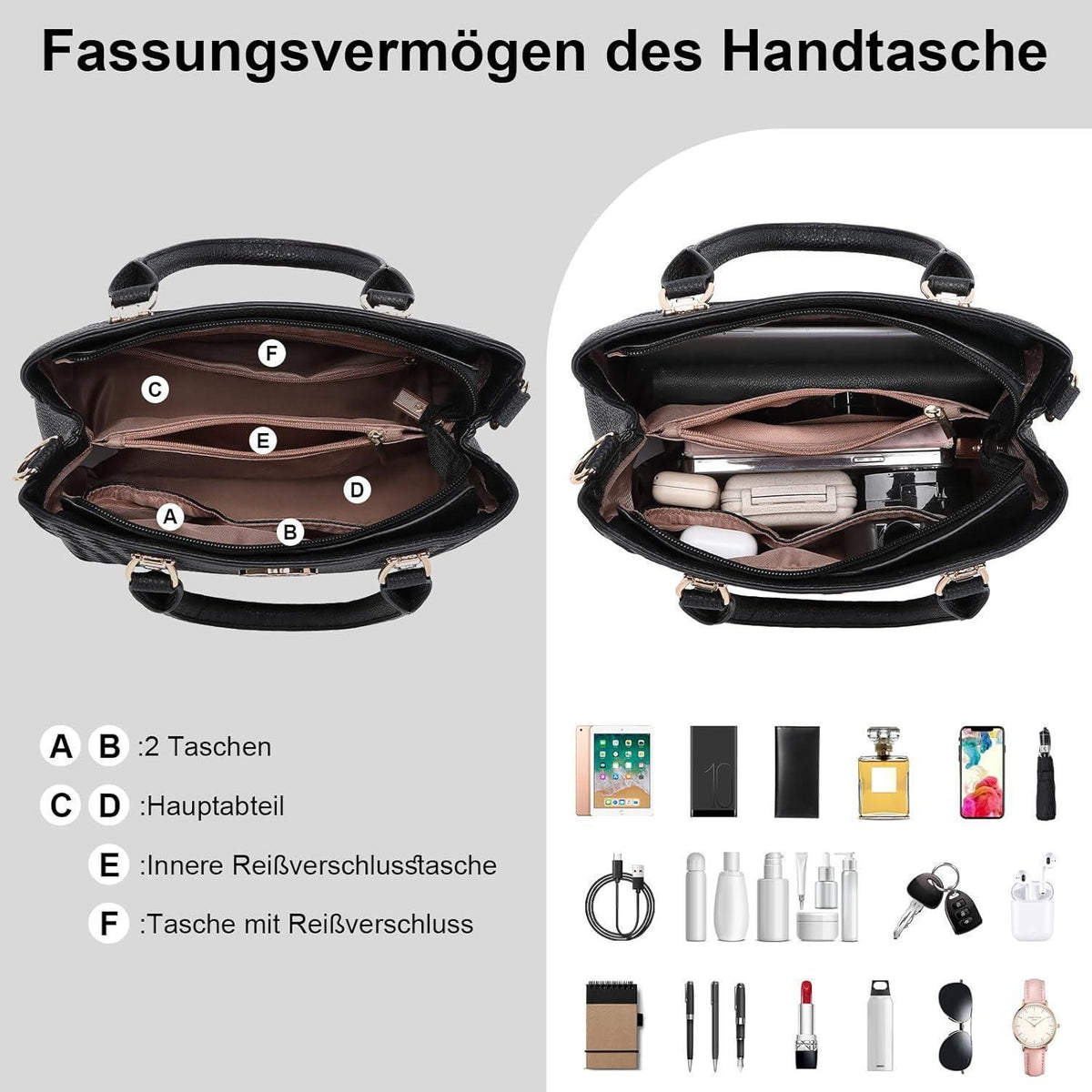 Damen Handtasche mittelgroß mit Lychee Muster und mehreren Innentaschen Schwarz