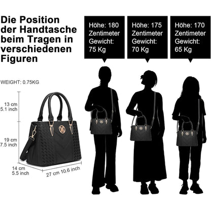 Damen Handtasche mittelgroß mit Lychee Muster und mehreren Innentaschen Schwarz