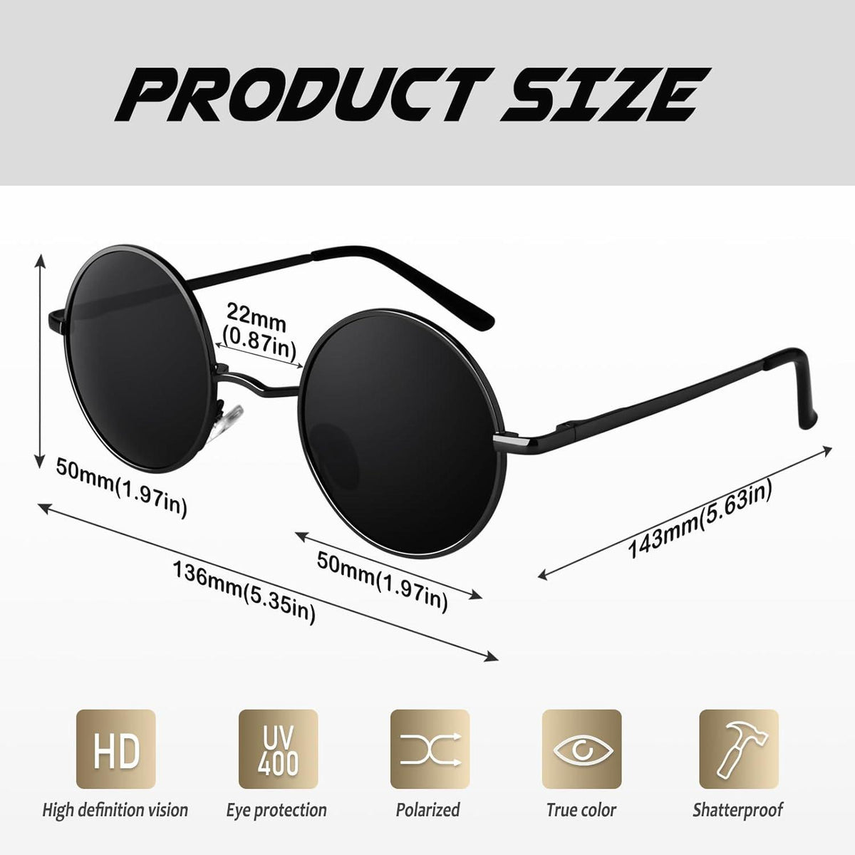 Polarisierte Retro Runde Sonnenbrille Hippie Metall UV400 Schutz
