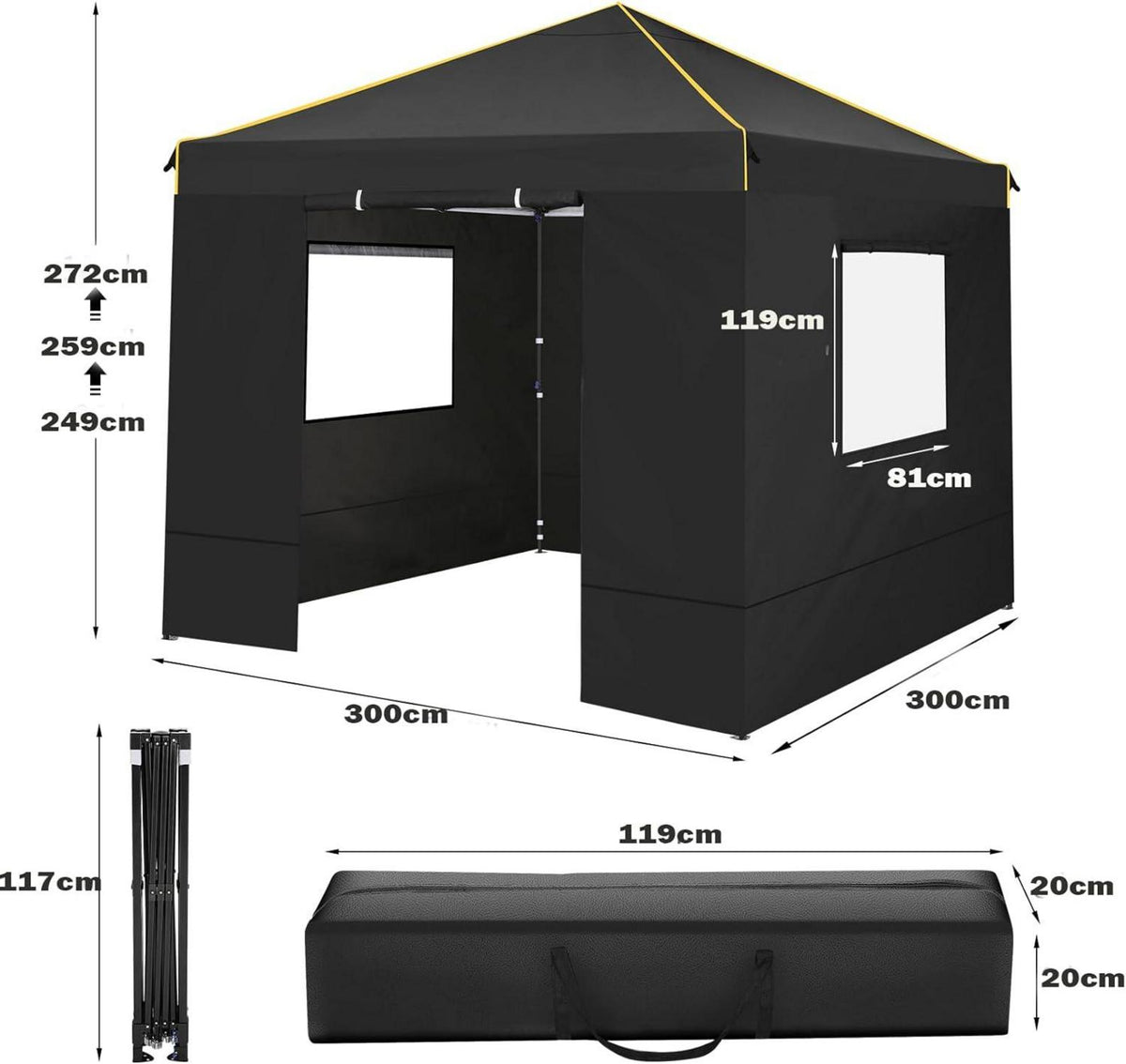 Pop Up Pavillon 3x3m Wasserdicht Stabil UV-Schutz Faltbar, 4 Seitenteilen