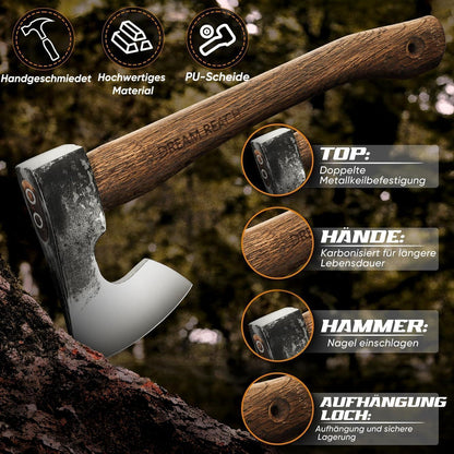 Handgeschmiedete Wikinger Axt mit Lederscheide, Outdoor Survival Werkzeug