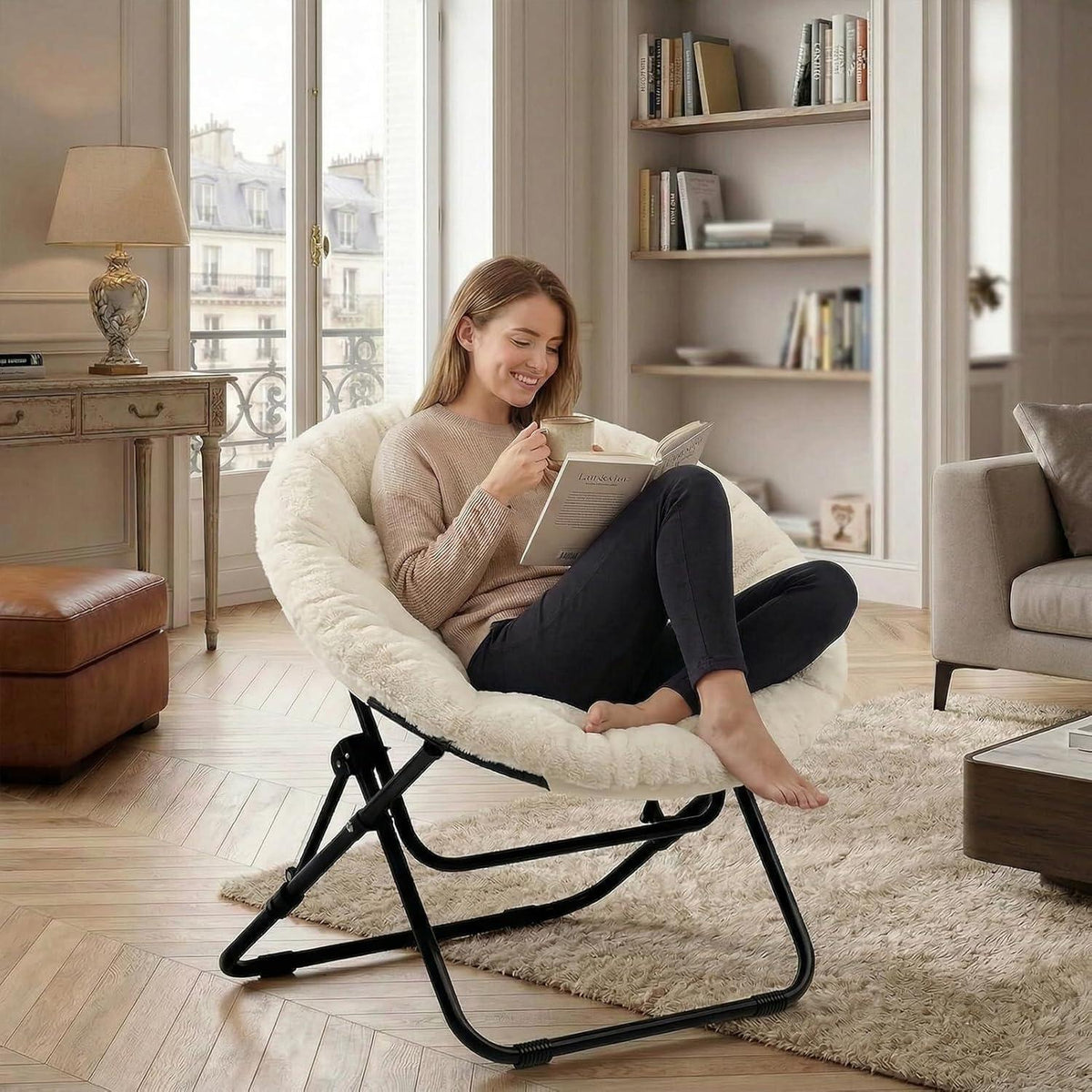 Klappbarer Rundsessel mit Kunstfell – Beige, Wohnzimmer & Schlafzimmer