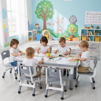 Kindertisch mit 6 Stühlen, höhenverstellbar, Grau