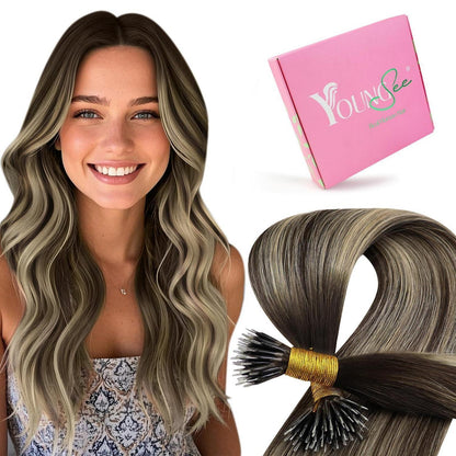 Nanoring Extensions Echthaar Balayage Ombre Dunkelbraun Aschblond 60cm