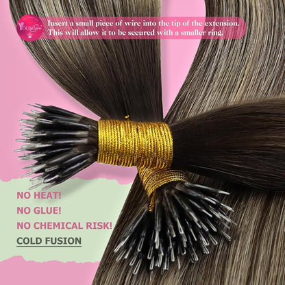 Nanoring Extensions Echthaar Balayage Ombre Dunkelbraun Aschblond 60cm