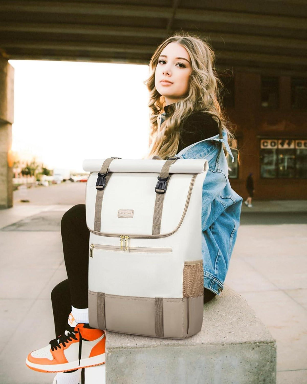 Rolltop Rucksack 17,3 Zoll Laptop Damen Herren Beige Khaki