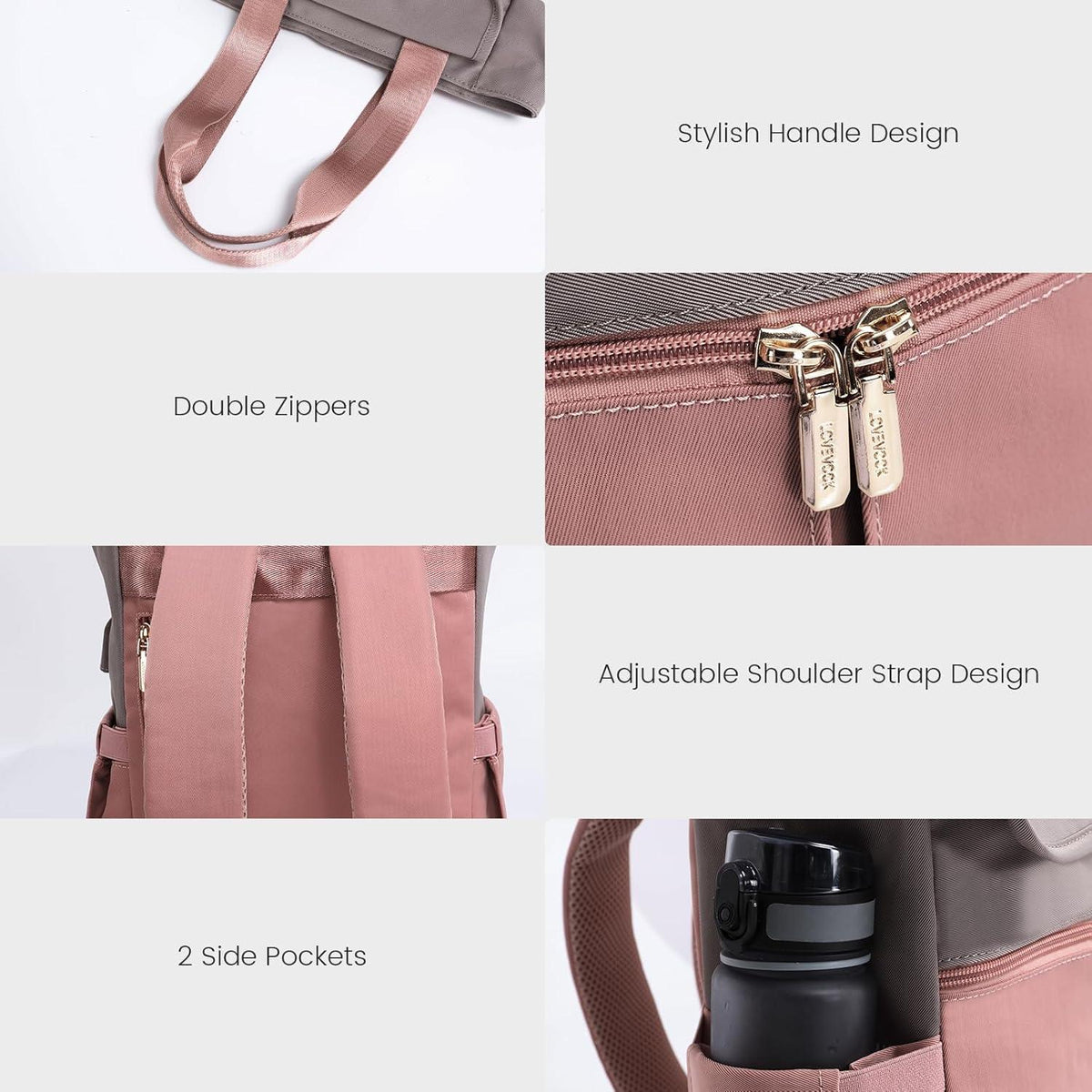 Kleiner Damen Rucksack 13,3 Zoll Laptop Wasserdicht Grau Rosa