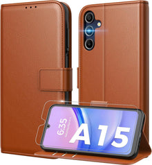 Handyhülle Samsung Galaxy A15 4G 5G Schutzglas RFID Braun
