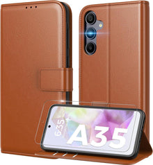 Handyhülle Samsung Galaxy A35 mit Panzer Schutz Glas und RFID - Braun