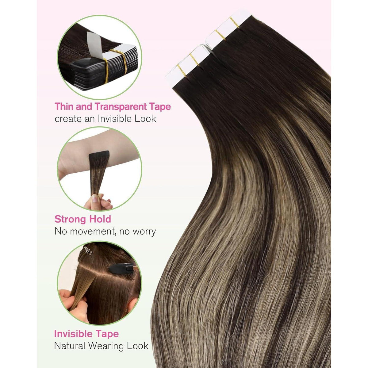 Tape-in Haarverlängerung Ombre Braun Blond 55cm Echthaar
