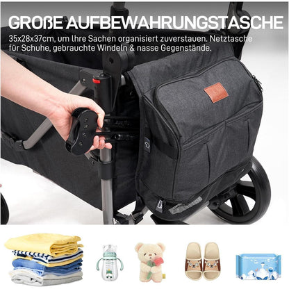 Faltbarer Bollerwagen für 2 Kinder mit Dach und Wickelrucksack