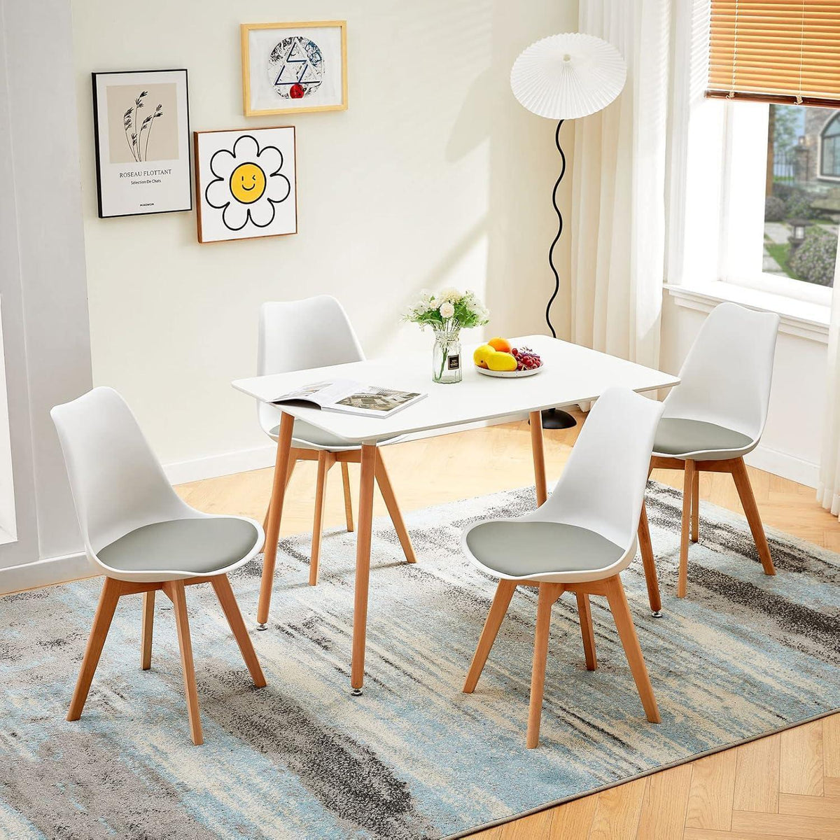 Esszimmerstühle Set 8er Buche Holz, Weiß & Grau Gepolstert