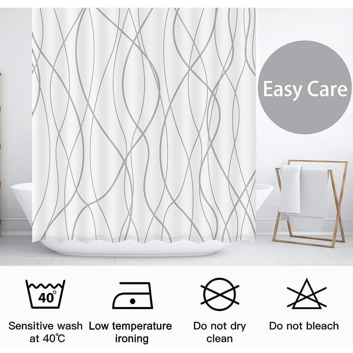 Duschvorhang Grau Gestreift 180x200cm Wasserdicht Textil mit Ösen