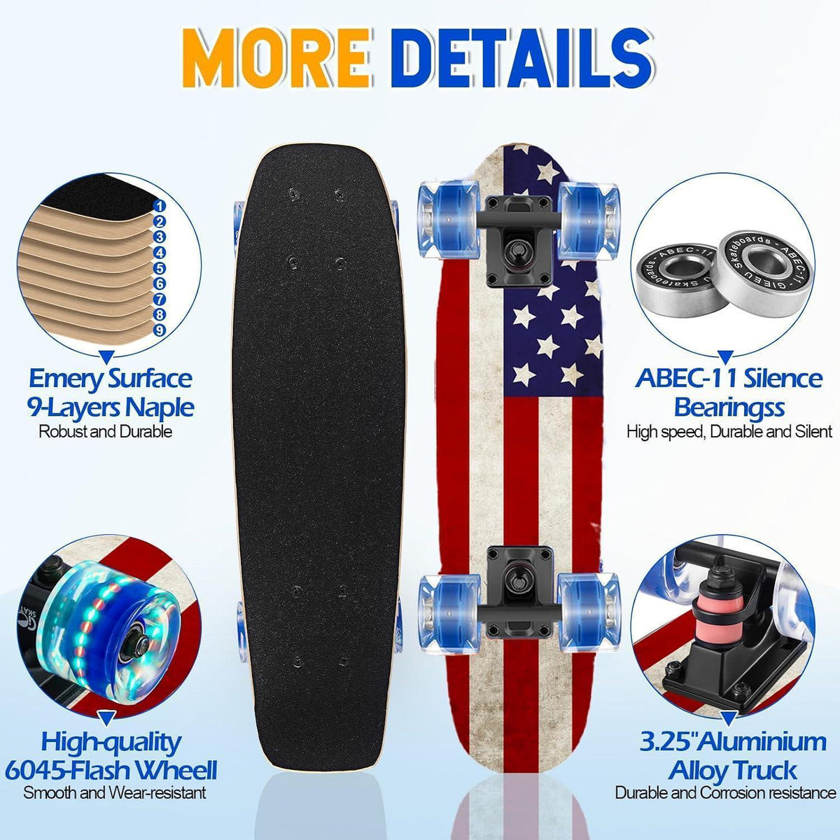 Blinkendes Skateboard für Anfänger – 9-lagig, 31 Zoll