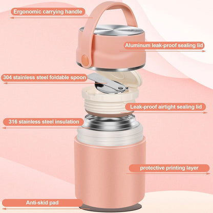 Dorblely Thermobehälter 600 ml Edelstahl Vakuumisoliert Faltbarer Löffel Rosa