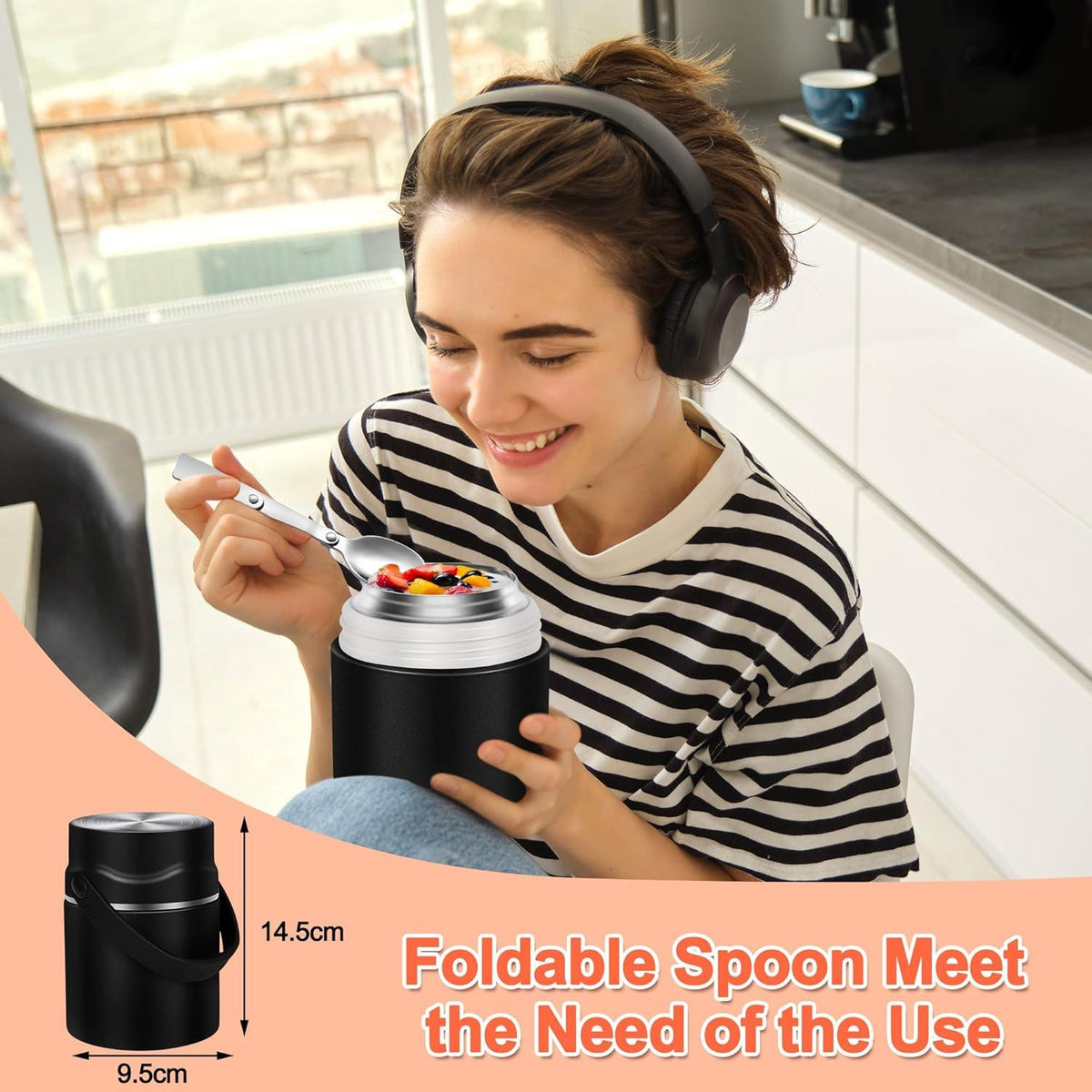 Vakuumisolierte Thermobehälter 600ml Edelstahl Essen mit Löffel und