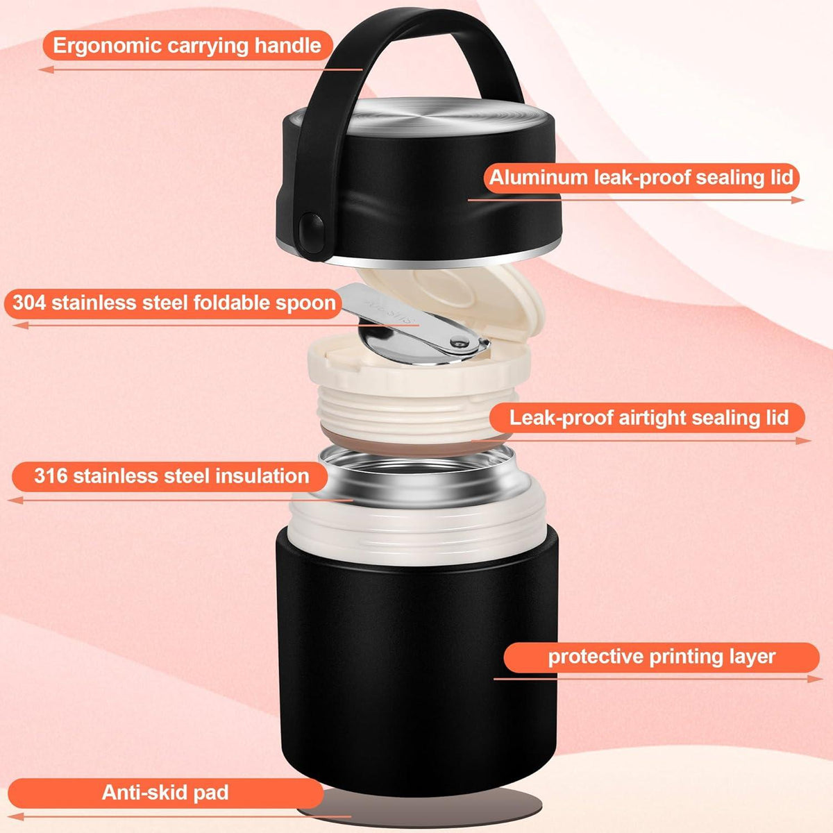 Dorblely Thermobehälter für Essen 600 ml Edelstahl Vakuumisoliert mit Löffel - Auslaufsicher & Isoliert - Schwarz