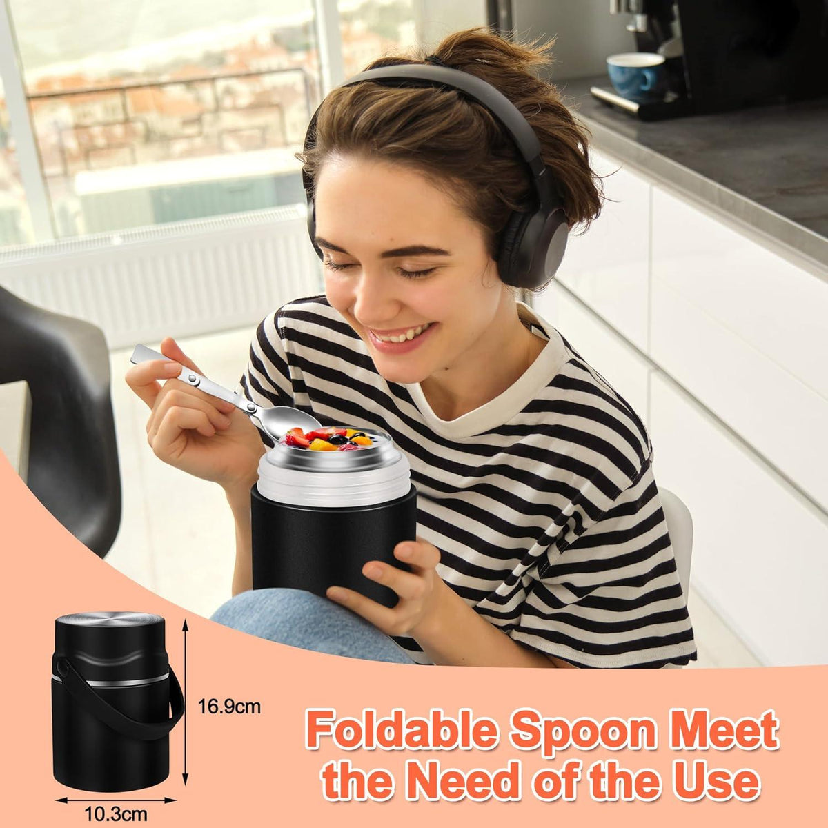 Thermobehälter für Essen 800ml Edelstahl Vakuumisoliert Schwarz
