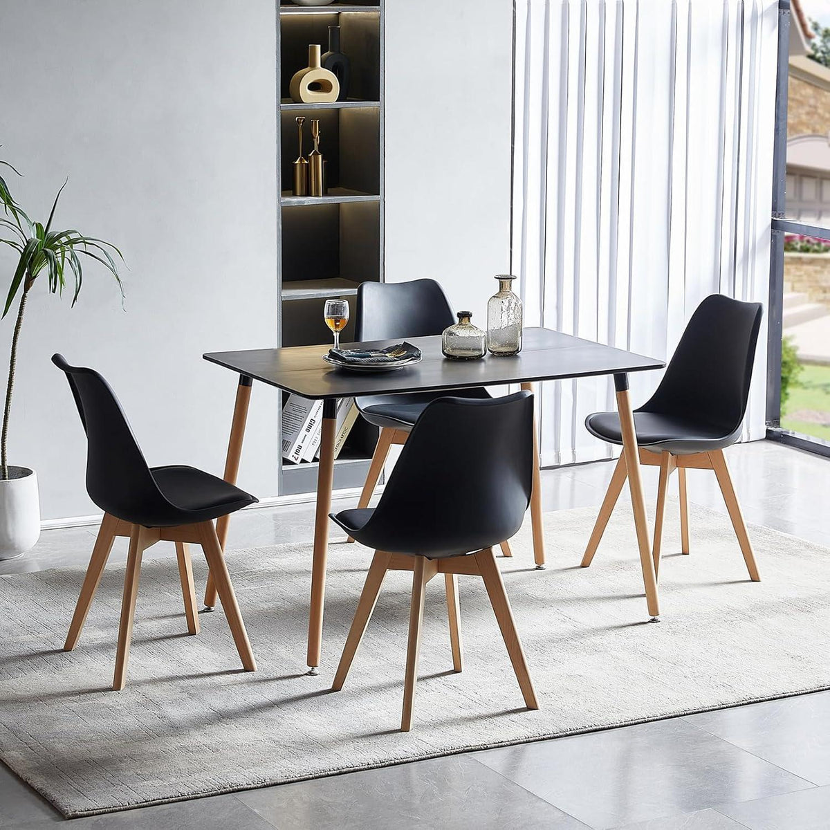 Rechteckiges Esszimmer-Set mit Tisch und 4 Stühlen, Schwarz