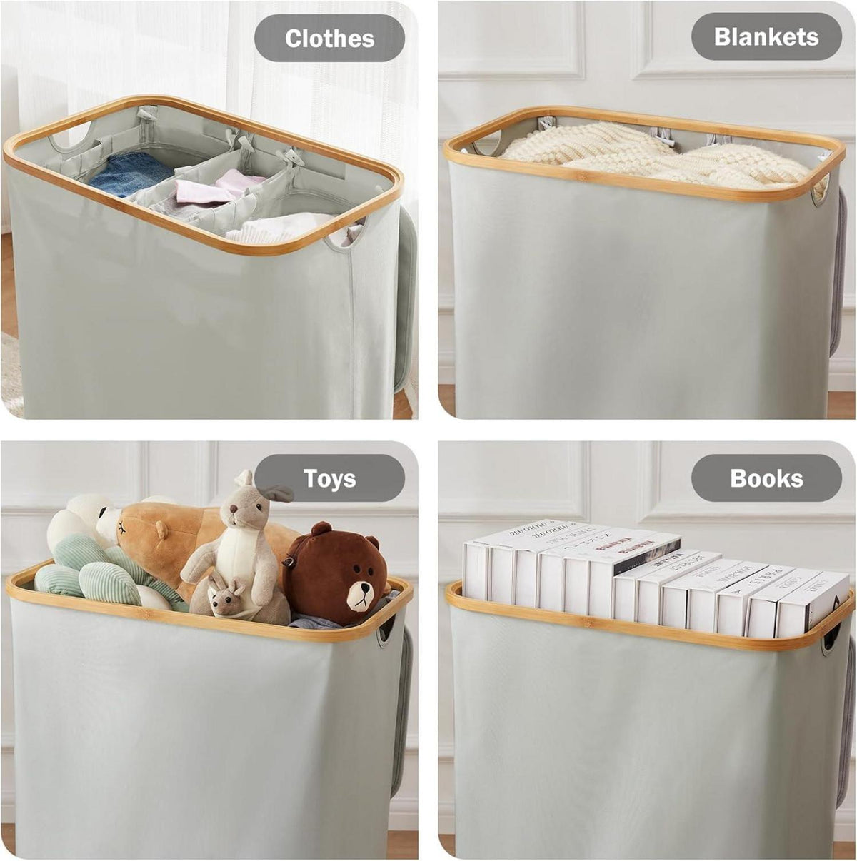 Wäschekorb mit Deckel 3 Fächer 160L Bambus Grau groß faltbarer Organizer