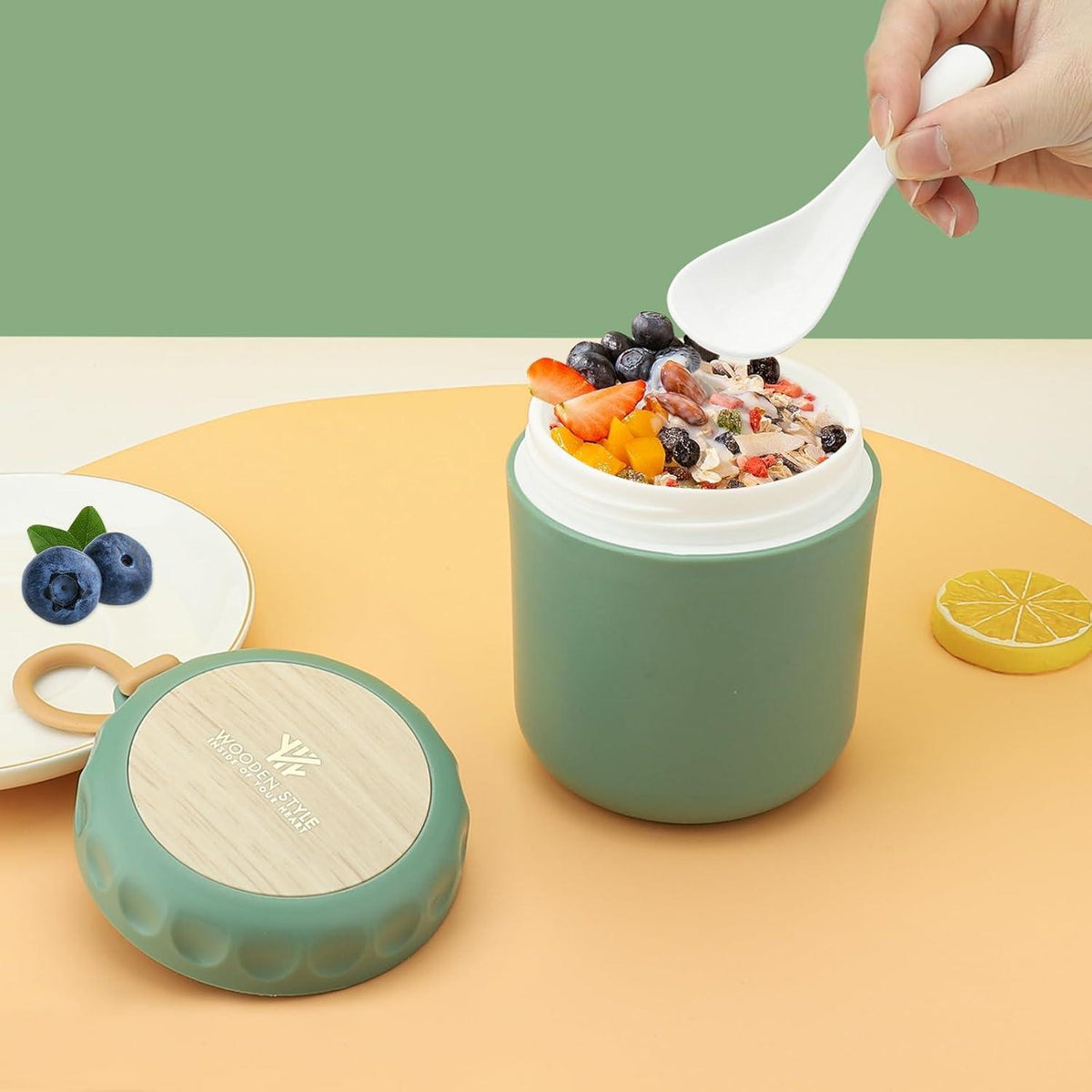 Müslibecher to go 400ml mit Löffel, Auslaufsicher Grün, Tragbar, Mikrowellenfest
