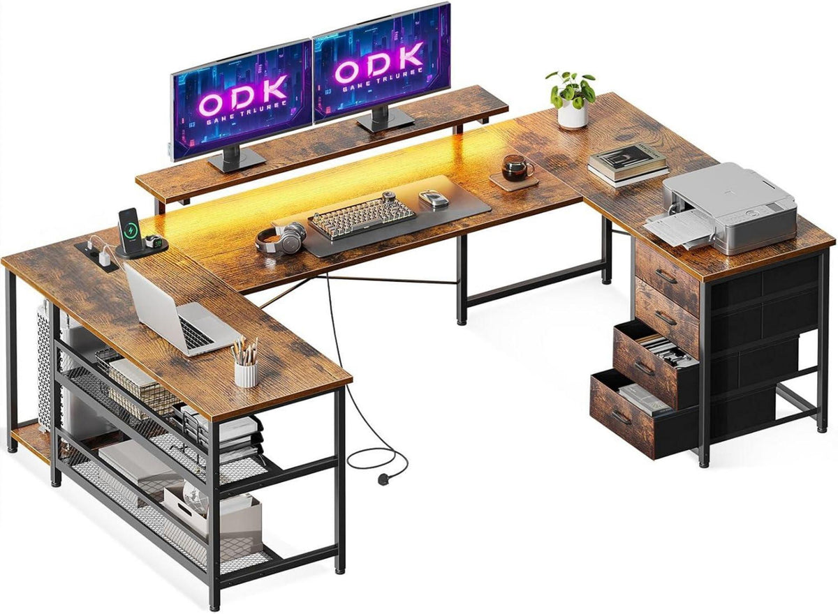 Eckschreibtisch mit 4 Schubladen Stauraum Reversible USB LED Home