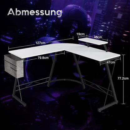 Gaming Schreibtisch L Form mit Monitorständer, Carbon Weiß 127x127cm