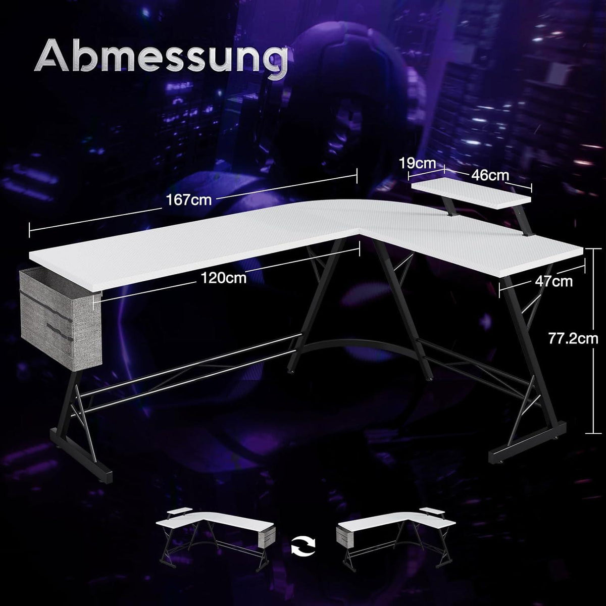 Gaming Tisch Schreibtisch Eckschreibtisch L Form Monitorständer Weiß 167 x 120