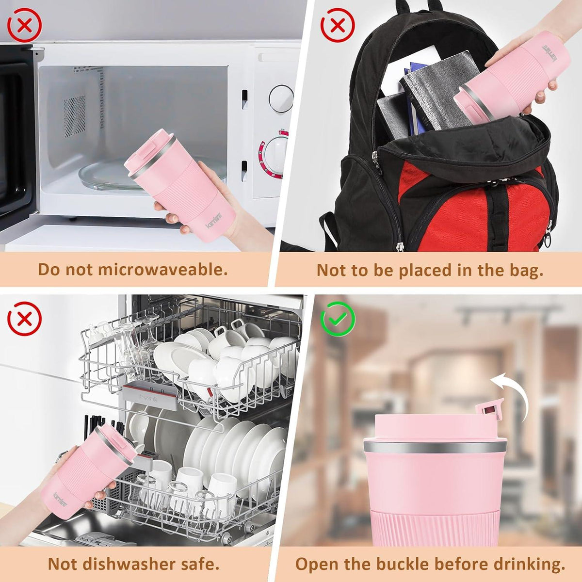 KETIEE Thermobecher 510ml Kaffeebecher to go Doppelwandig Travel Mug rosa